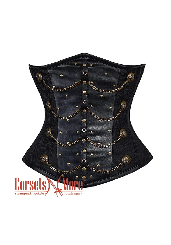 corset with metallic tiers-Plus Size Black Leather Steampunk Underbust Waist Training Costume Corset