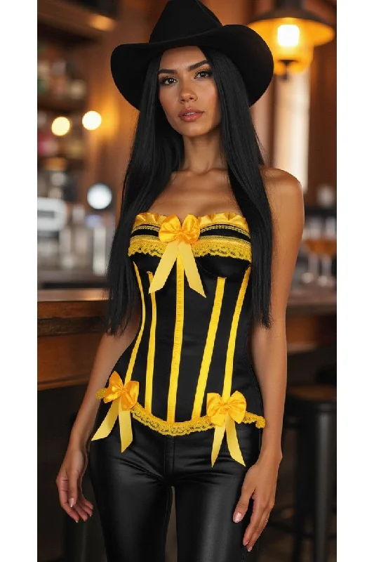 transparent lingerie for women-Top Drawer Black/Yellow Satin Steel Boned Burlesque Corset