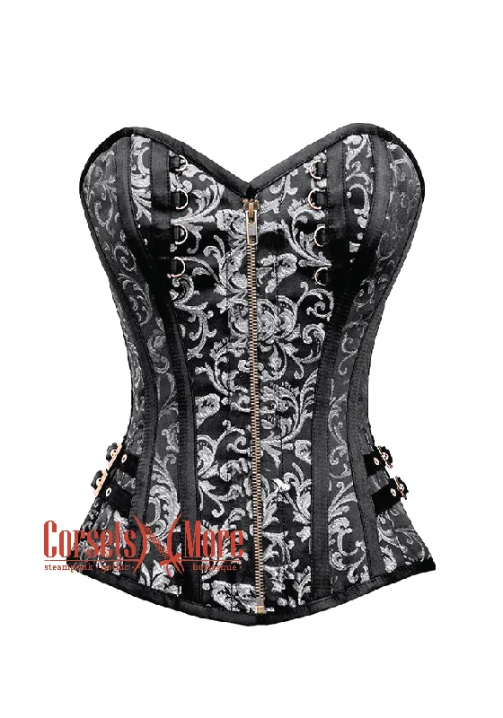 corset for fashion cascades-Plus Size Black and Silver Brocade With Antique Zipper Steampunk Overbust Costume Corset