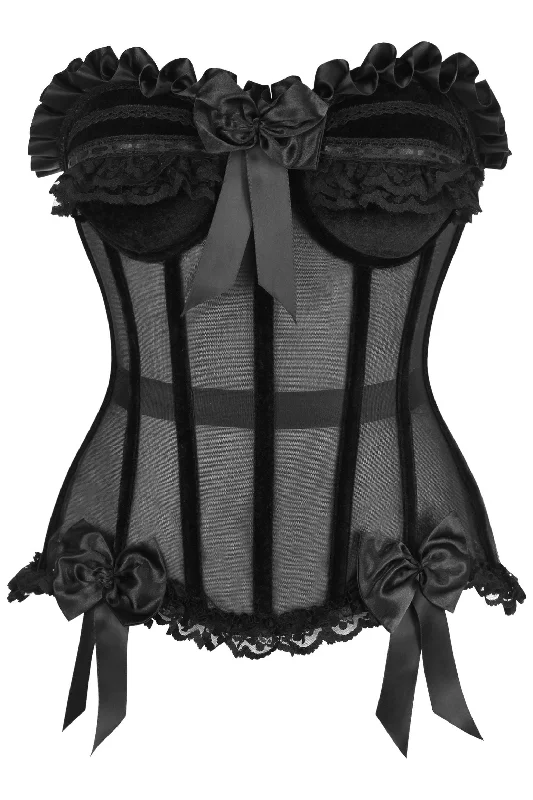 mesh bodysuit lingerie-Top Drawer Steel Boned Black Mesh & Velvet Underwire Bustier Corset