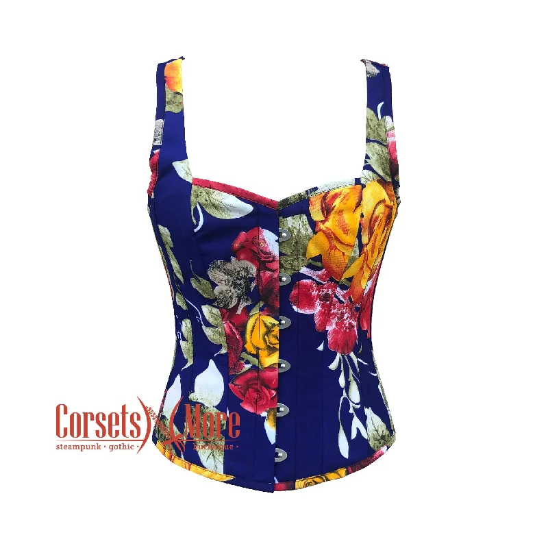 corset for bridal gathers-Plus Size Multicolor Print Burlesque Polyester Corset With Shoulder Straps Overbust Floral Costume Bustier Top