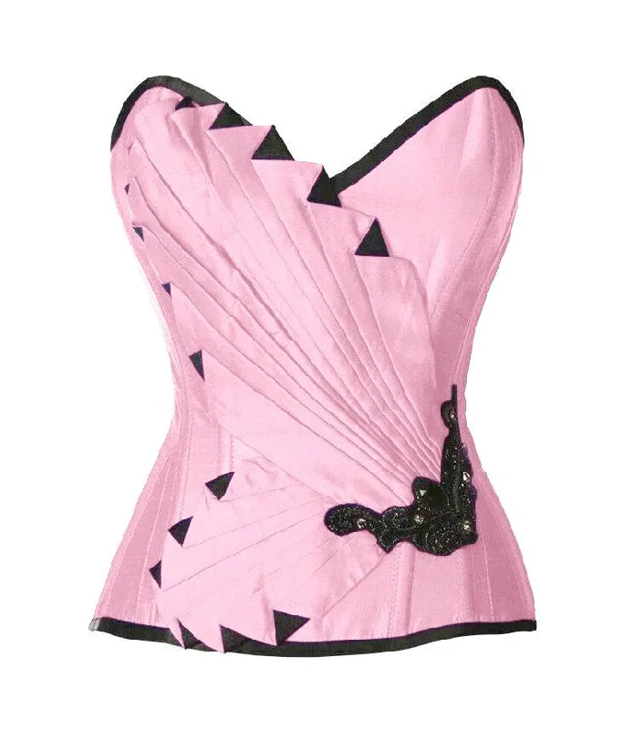 corset with sheer folds-Abli Baby Pink Satin/Taffeta Embroidered Overbust Corset