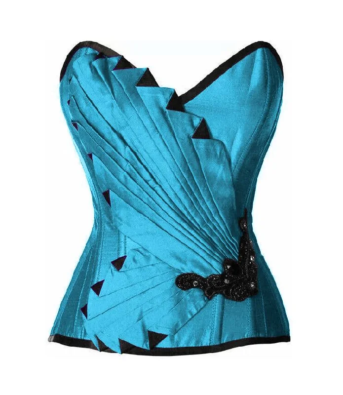 corset with plunging gathers-Krope Turquoise Satin/Taffeta Embroidered Overbust Corset