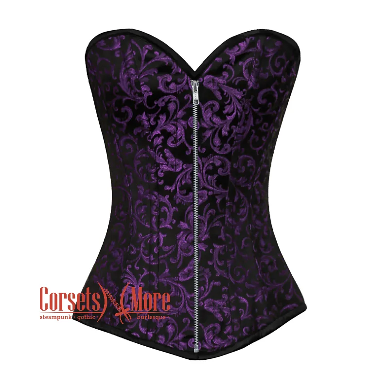 corset for steampunk gathers-Plus Size Purple And Black Brocade Front Zipper Gothic Corset Overbust Top