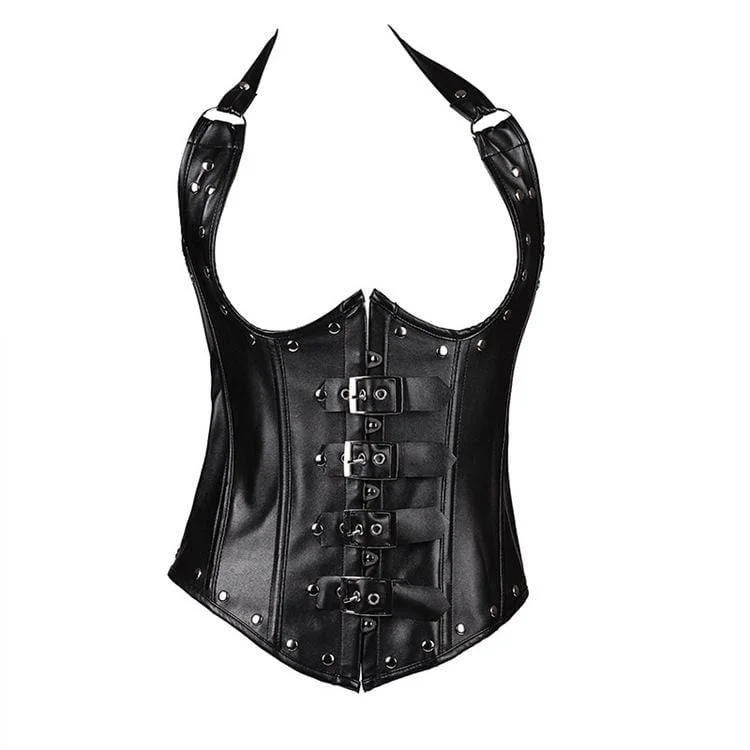 seductive teddy lingerie for special nights-Women's Gothic Rivets Halter Top Underbust Corsets With T-back