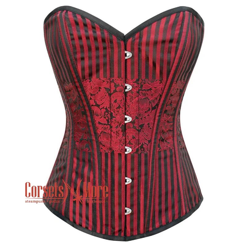 corset for steampunk folds-Plus Size Red and Black Brocade Gothic Burlesque Waist Training Overbust Corset Bustier Top