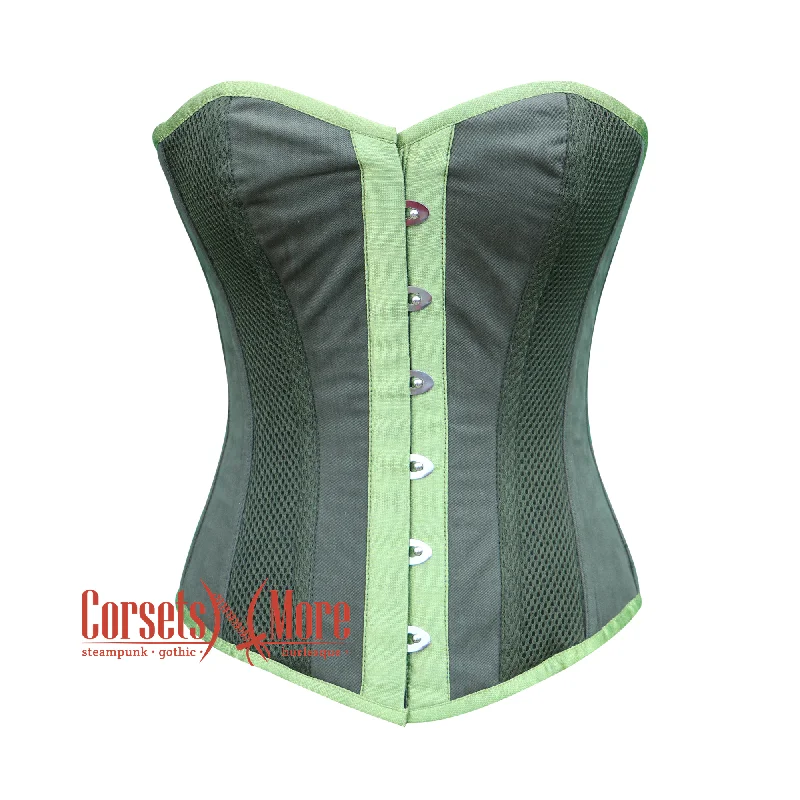 corset for costume gathers-Plus Size Green Cotton With Mesh Gothic Costume Steampunk Overbust Corset Top