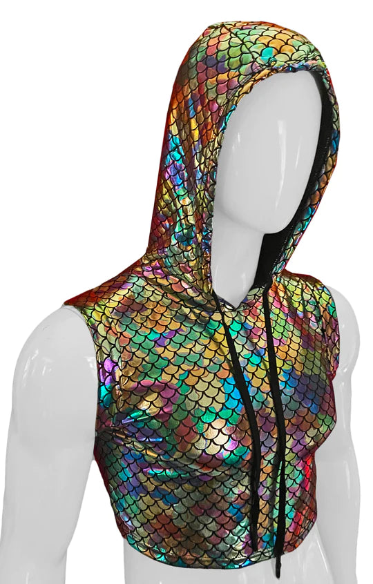 open-cup lace lingerie-Mermaid Hooded Crop Tank - Multi