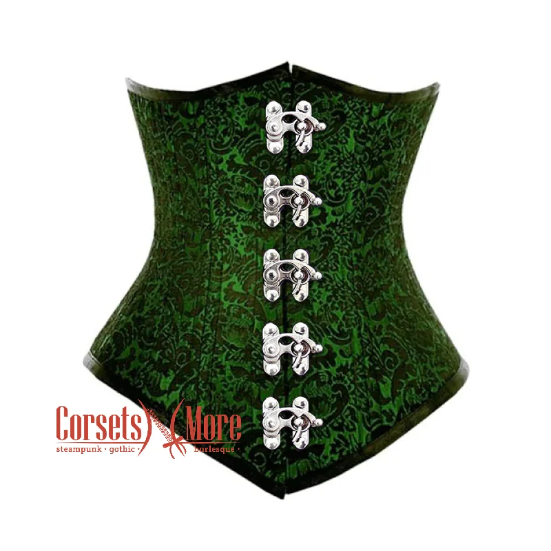 corset for bridal gathers-Plus Size Green And Black Brocade Front Clasps Gothic Waist Training Underbust Corset Bustier Top