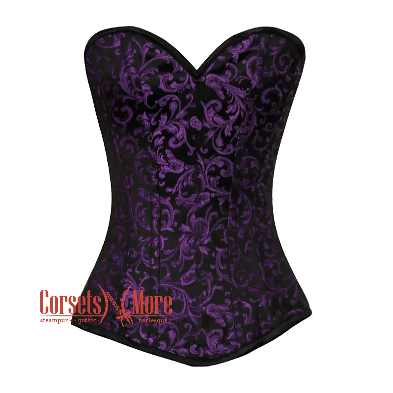 corset for gothic gathers-Plus Size Purple And Black Brocade Front Closed Gothic Corset Overbust Top