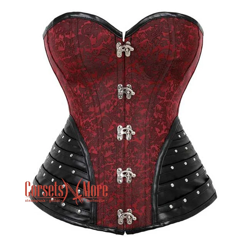 corset with floral folds-Plus Size Red Brocade Steampunk Sexy Waist Training Overbust Corset Bustier Top