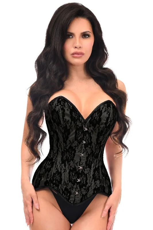 sexy teddy lingerie-Top Drawer Black Satin w/Black Lace Overlay Steel Boned Overbust Corset