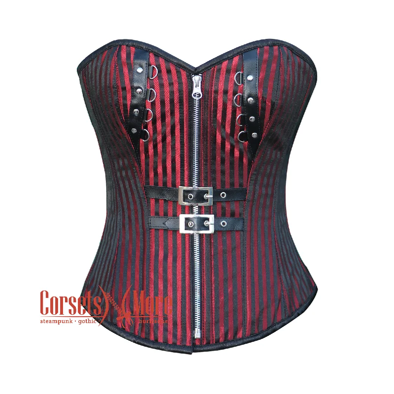 corset with glitter gathers-Plus Size Red And Black Brocade Gothic Front Zipper Leather Overbust Corset Halloween Top