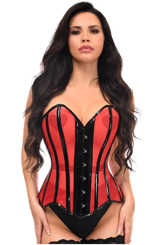 leather lingerie for women-Top Drawer Red Mesh Net w/Patent Steel Boned Overbust Corset