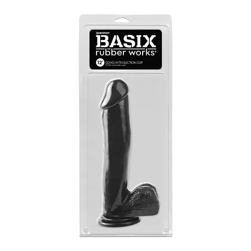 Compact Masturbator Accessory-Basix Rubber Works 12 in. Dong With Balls & Suction Cup Black