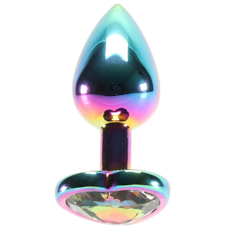 Skin-Friendly Masturbator Holder-Small Aluminum Plug with Rainbow Heart Gem in Multicolor