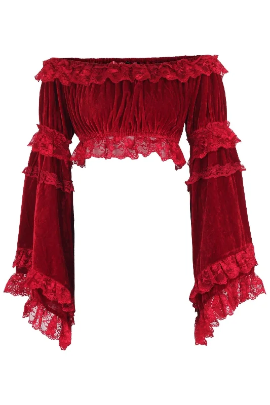 sexy lingerie with diamond details-Dark Red Velvet Smocked Flare Sleeve Peasant Top