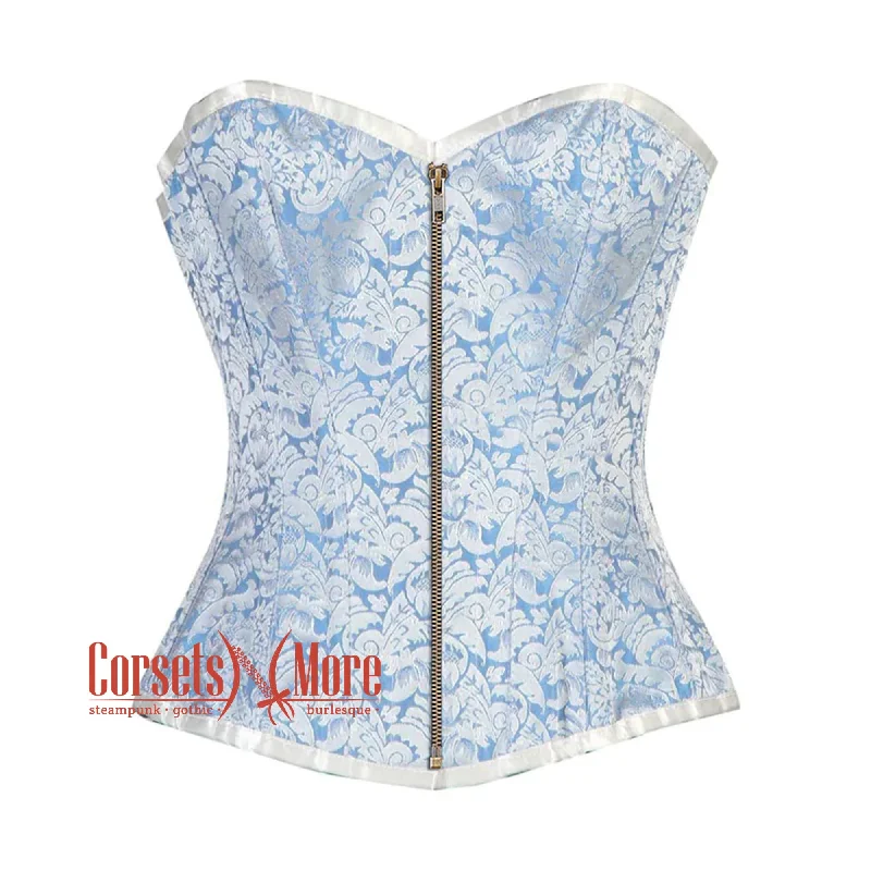 corset with scalloped levels-Plus Size Blue And White Brocade Front Zip Burlesque Gothic Overbust Corset Bustier Top