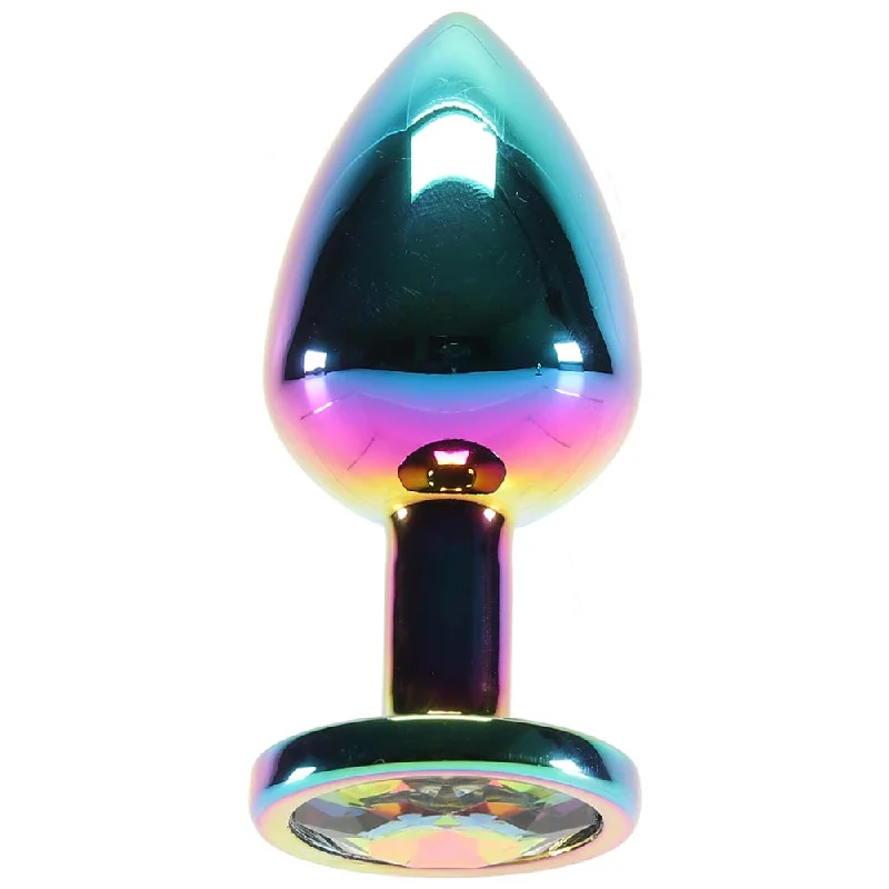 Easy-Store Masturbator Option-Medium Aluminum Plug with Rainbow Gem in Multicolor