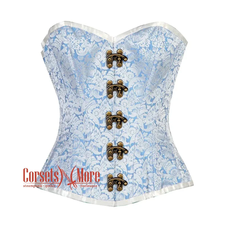 corset for vintage levels-Plus Size Blue And White Brocade Front Antique Clasps Burlesque Gothic Overbust Corset Bustier Top