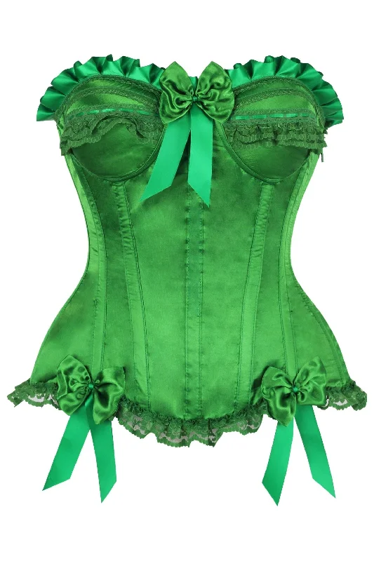 seductive lingerie for couples play-Top Drawer Green Satin Steel Boned Burlesque Corset