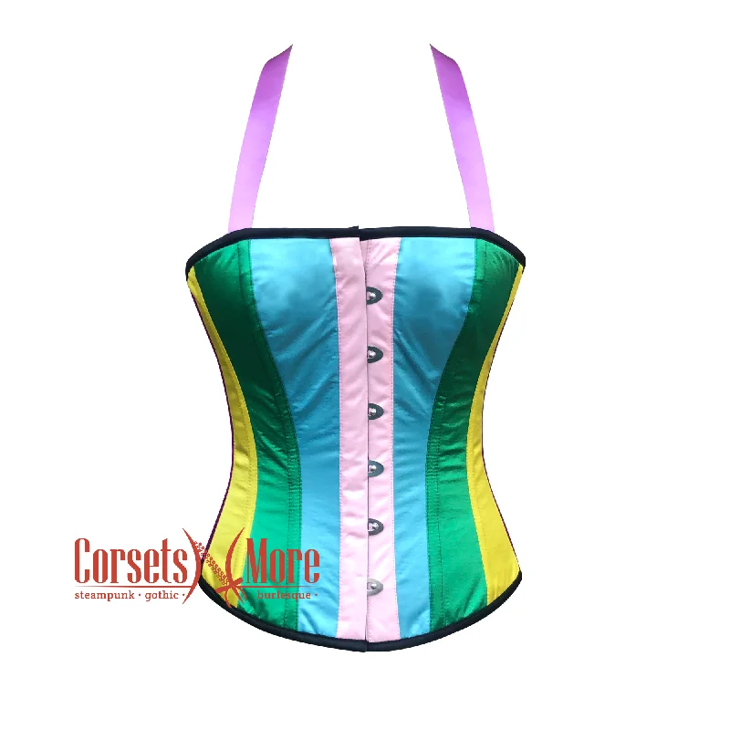 corset with floral waves-Plus Size Multi-Color Satin Stripes Aro Ace Overbust Corset Pride Costume Rainbow Top