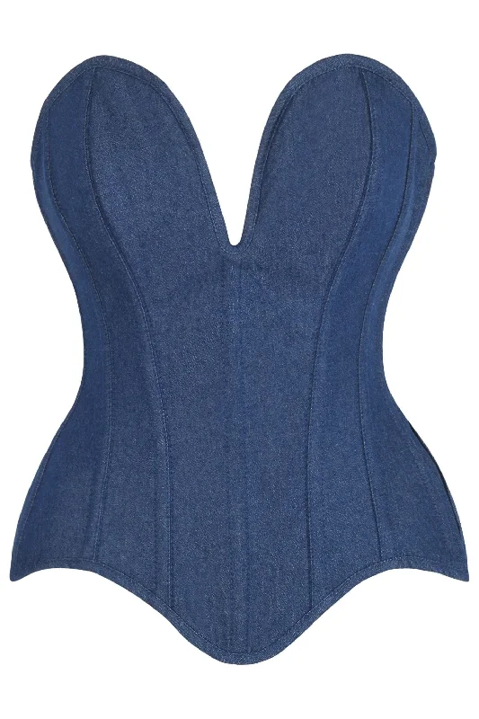 plus size satin lingerie-Top Drawer Steel Boned Dark Blue Denim Plunge Neckline Overbust Corset