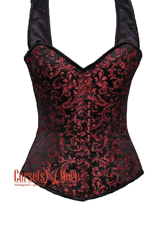 corset with ruffled flows-Plus Size Red and Black Brocade With Shoulder Strap with Front Closed Overbust Corset