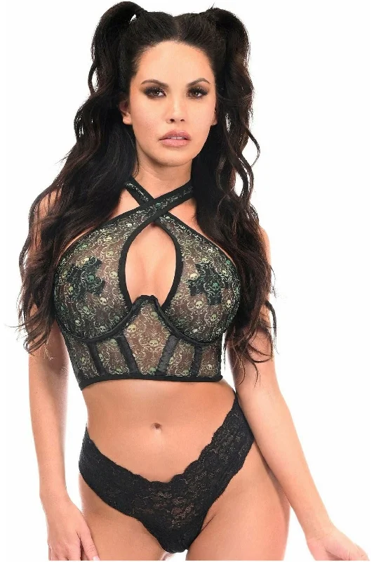 lace and satin body lingerie-Lavish Green Skulls Print Mesh Underwire Cincher w/Built In Halter Top