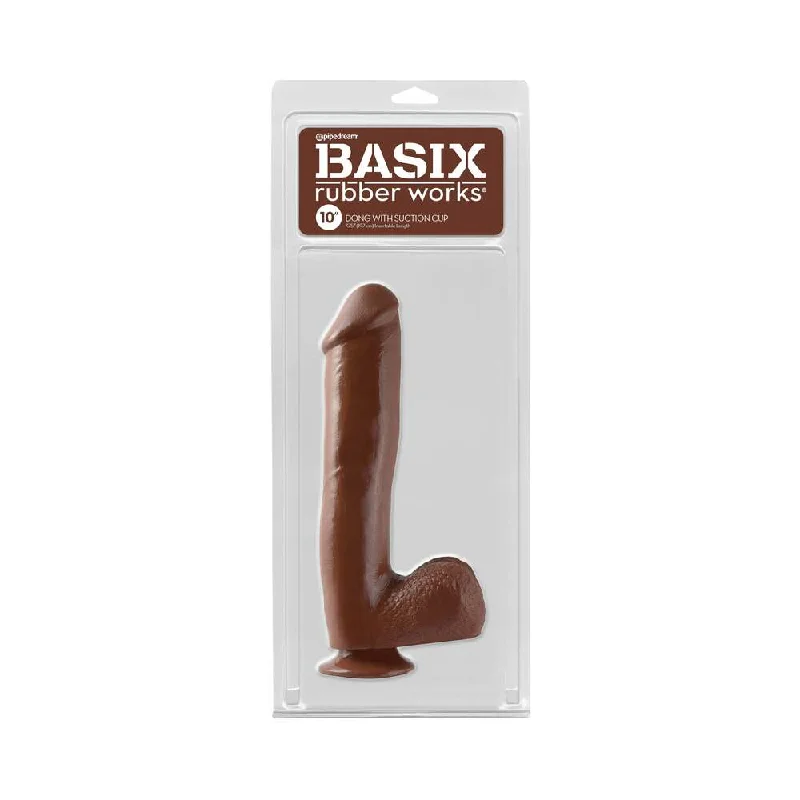 Ultra-Portable Masturbator-Basix Rubber Works 10 in. Dong With Balls & Suction Cup Brown