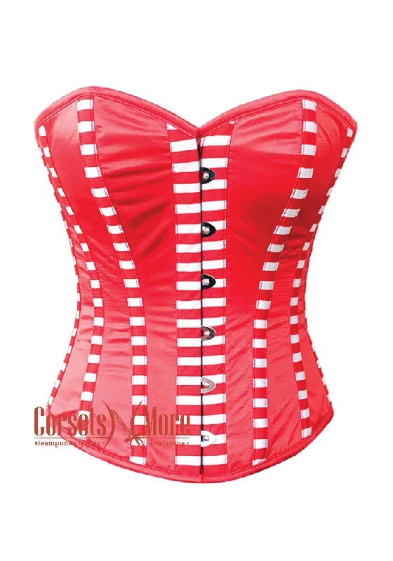 corset with layered cascades-Plus Size Red Satin Stripes Burlesque Gothic Costume Overbust Corset Top