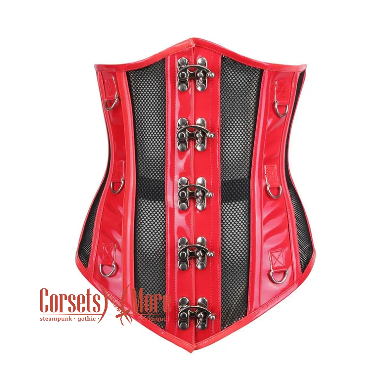 corset for runway cascades-Plus Size Red PVC Black Net Steampunk Heavy Duty Underbust Waist Training Sexy Corset