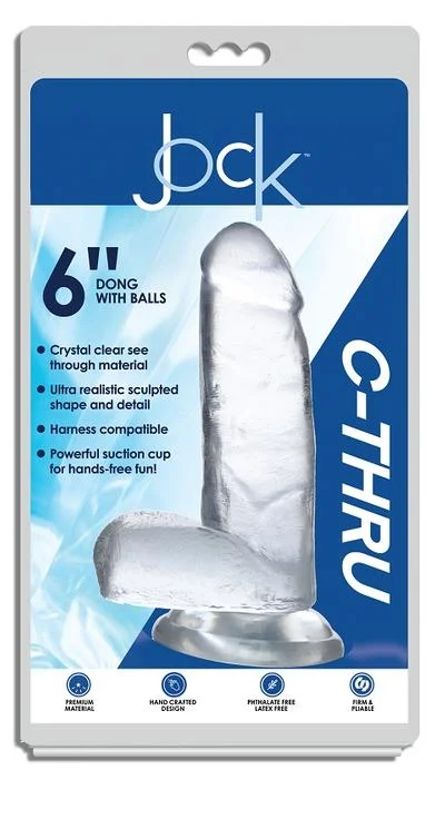 Quiet Masturbator Insert-JOCK C-Thru 6" Clear TPE Dong W/Balls & Suction Cup