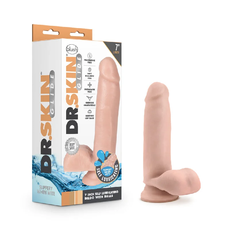 Powdered dildo-Dr. Skin Glide 7'' Self Lubricating Dildo With Balls Vanilla