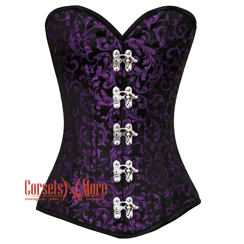 corset for vintage gathers-Plus Size Purple And Black Brocade Front Clasps Gothic Corset Burlesque Overbust Top