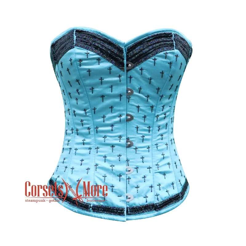 corset for bridal folds-Plus Size Baby Blue Satin Black Sequins Burlesque Gothic Corset Bustier Overbust