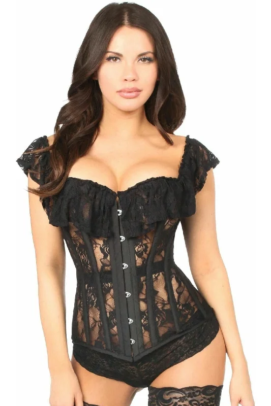 intimate satin lingerie for bedtime-Top Drawer Black Sheer Lace Steel Boned Corset