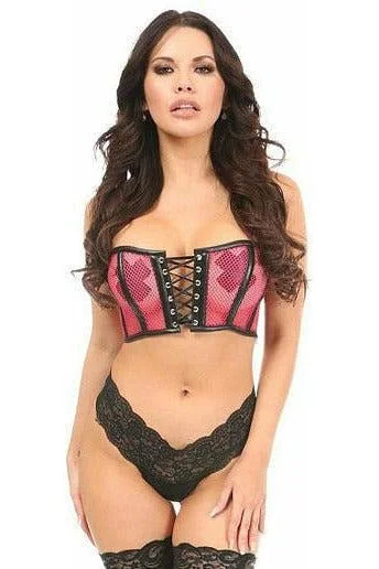 white satin lingerie-Lavish Hot Pink Fishnet & Faux Leather Lace-Up Short Bustier Top