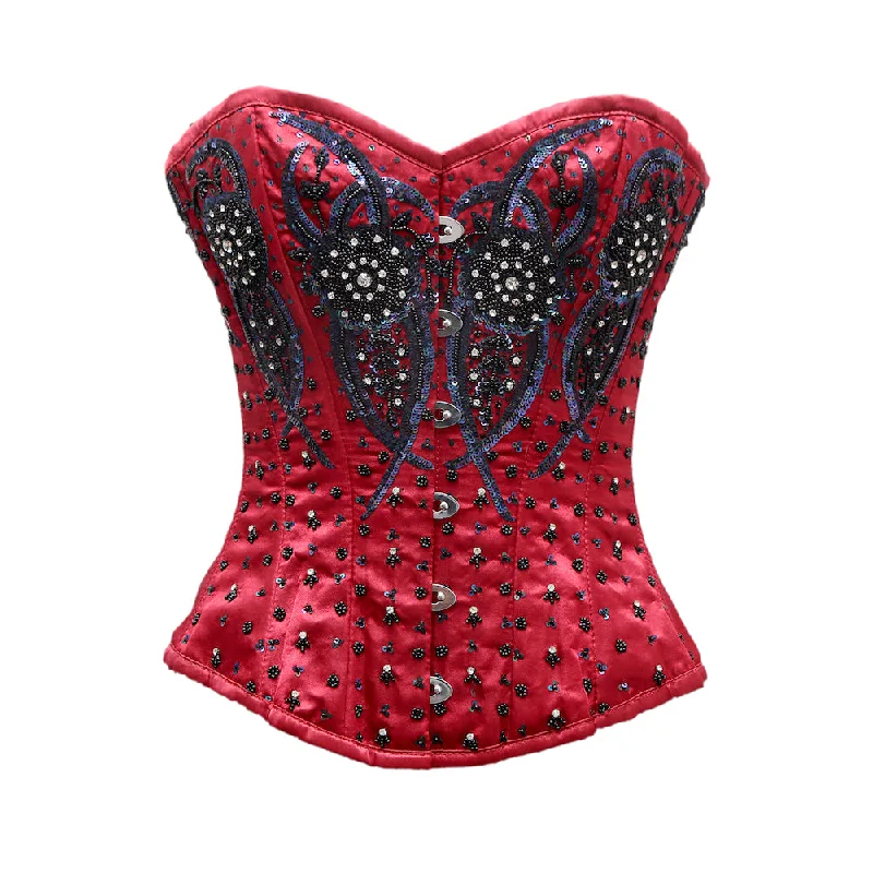 corset for vintage drapes-Yow Red Satin Satin Embroidery Overbust Corset