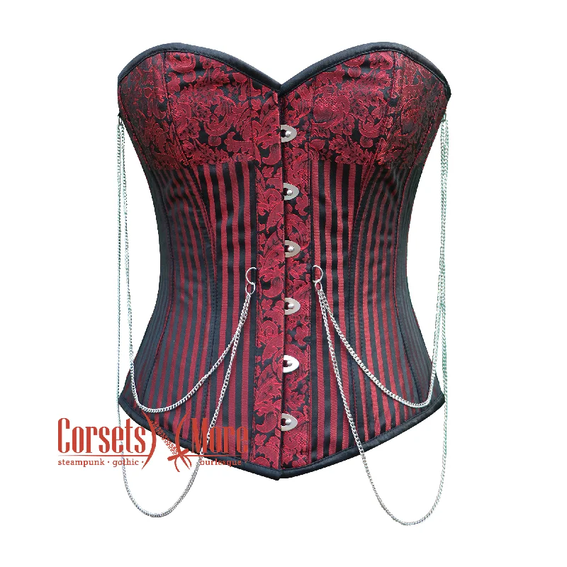 corset for gothic curls-Red And Black Brocade Gothic Plus Size Steampunk Bustier Corset Overbust Top