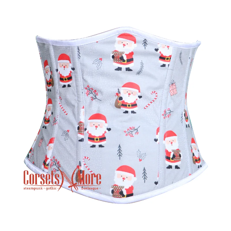 corset with lace folds-Plus Size Santa Claus Printed Gray Cotton Underbust Corset Waist Training Christmas Costume