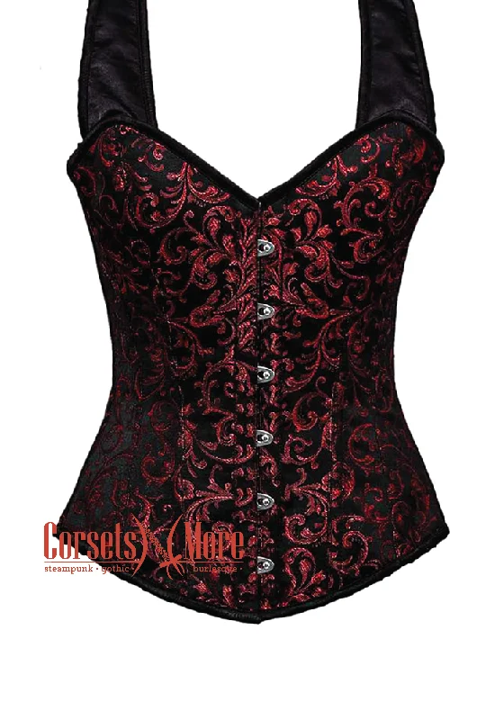 corset for festival flows-Plus Size Red and Black Brocade With Shoulder Strap Steampunk Overbust Corset