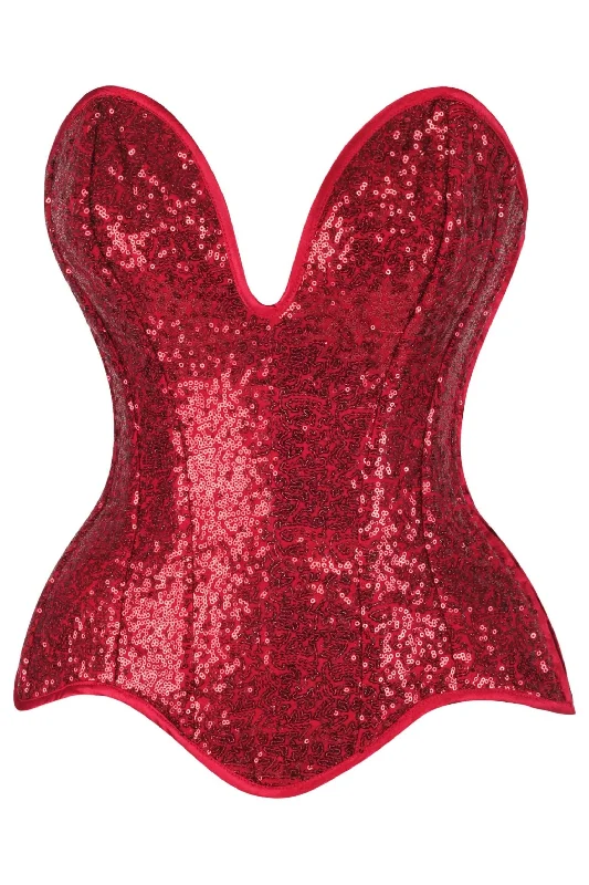 playful satin and lace lingerie set-Top Drawer Steel Boned Red Sequin Plunge Neckline Overbust Corset