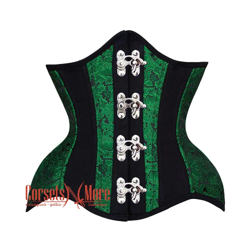 corset with bold folds-Plus Size Green Black Brocade Black Cotton Stripe Front Clasps Steampunk Underbust Corset