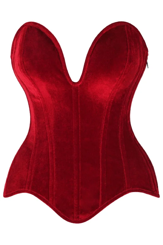 romantic lingerie with silk-Top Drawer Steel Boned Dark Red Velvet Plunge Neckline Overbust Corset