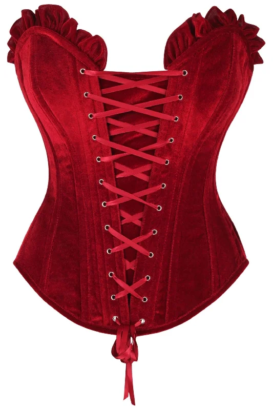 romantic lingerie with lace accents-Top Drawer Dark Red Velvet Lace-Up Steel Boned Overbust Corset