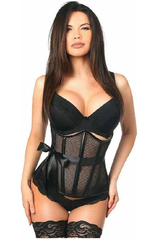 sexy lace nightgown for intimate evenings-Top Drawer Fishnet & Faux Leather Steel Boned Underbust Corset