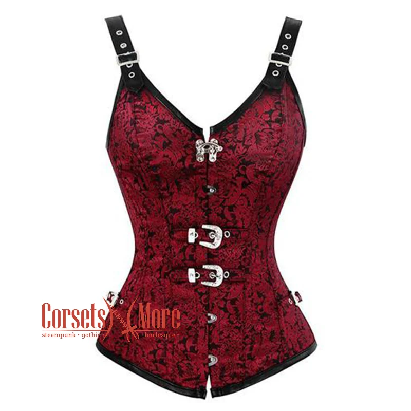 corset for historical gathers-Plus Size Red and Black Brocade Leather Shoulder Strap Steampunk Sexy Waist Training Overbust Corset Bustier Top