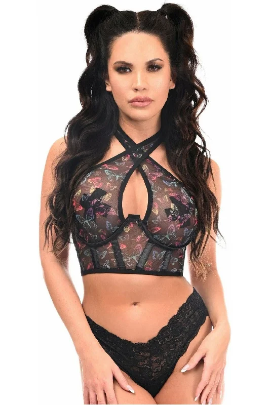 sexy satin lingerie set with lace-Lavish Neon Butterfly Mesh Underwire Cincher w/Built In Halter Top