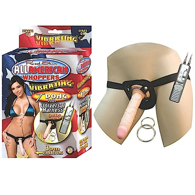 Compact Travel Masturbator Sleeve-All American Whoppers 7in. Vibrating Dong With Universal Harness